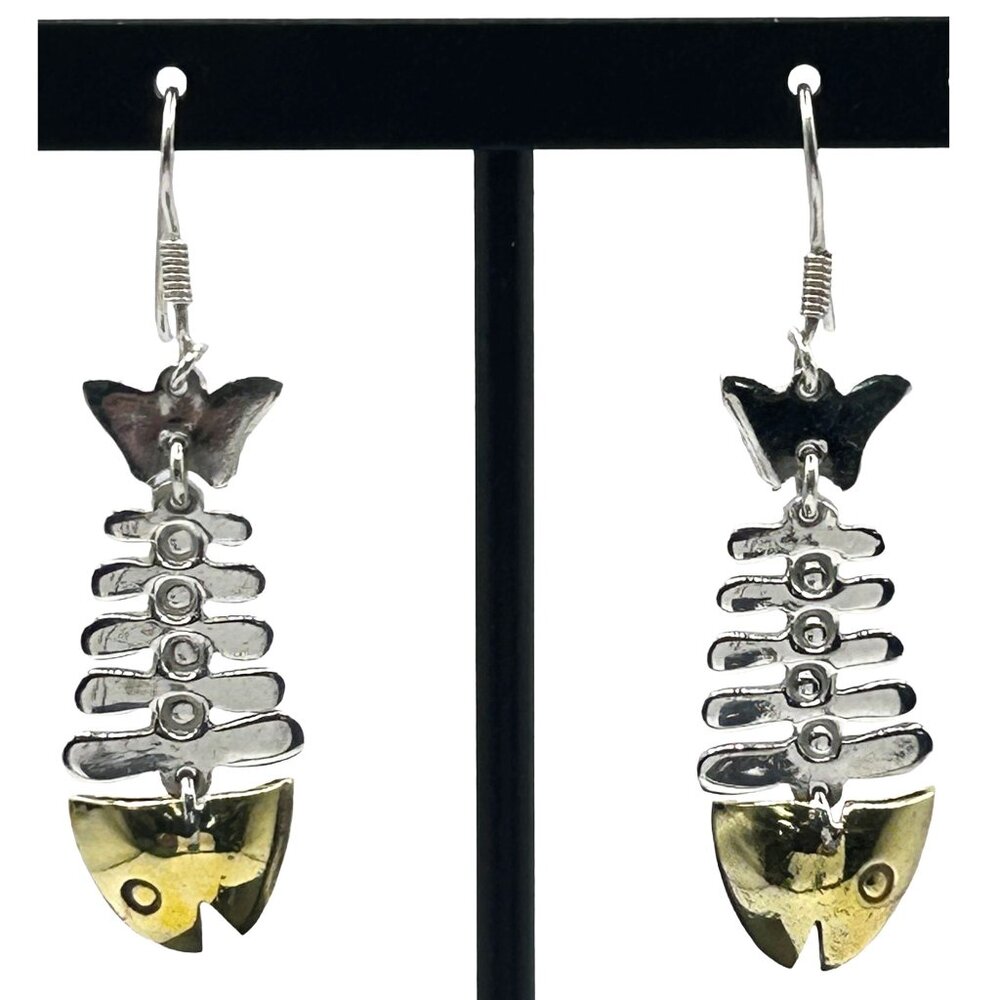 Taxco Mexico TD-02 925 Sterling Silver Articulated Fish Bone Dangle Earrings